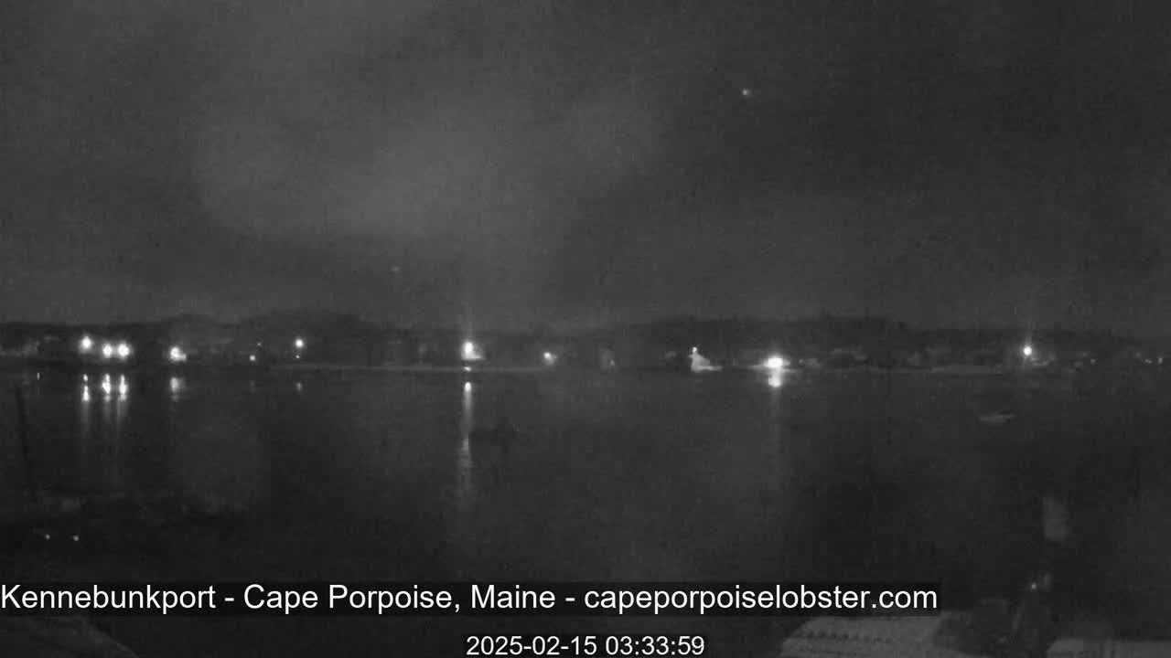 A nighttime long shot shows a dark body of water reflecting the lights of a town on the opposite shore under a mostly clear sky.