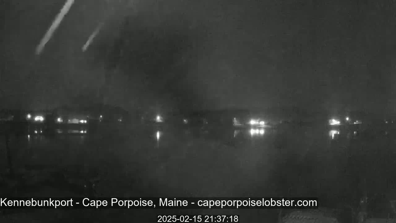 A nighttime, hazy view shows a body of water with faintly visible lights across the far shore.