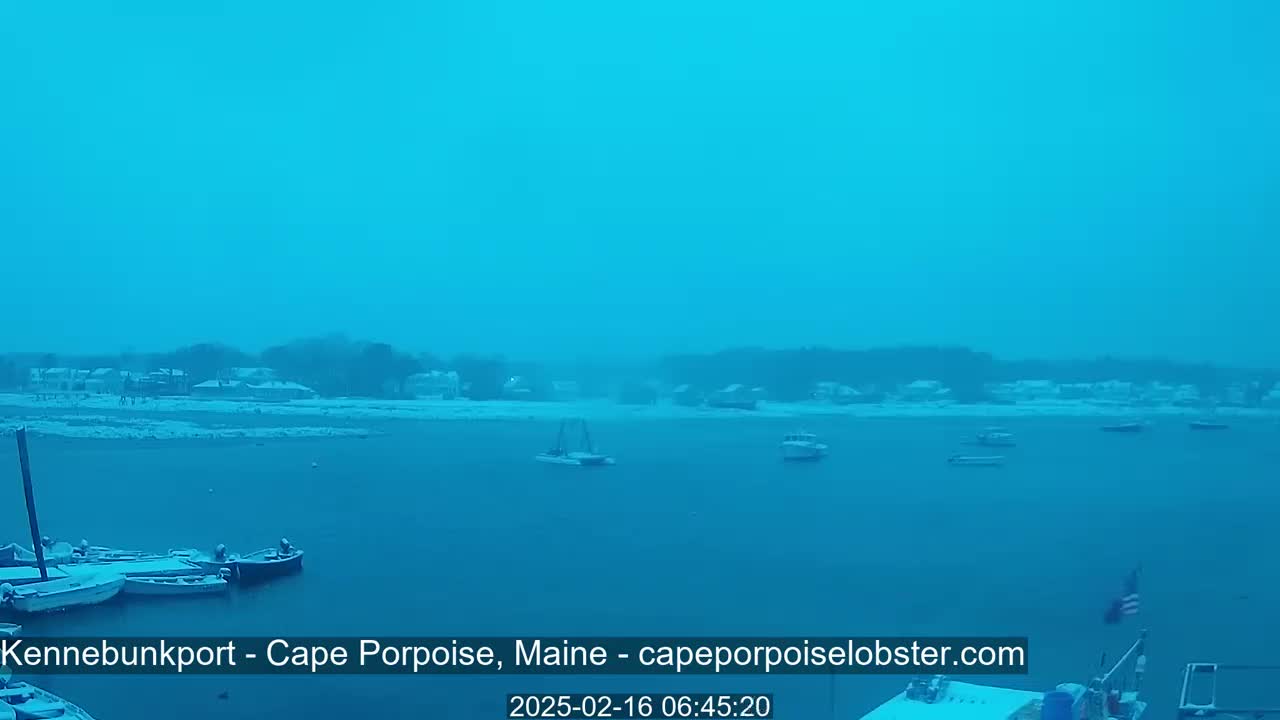 A snow-covered waterfront scene shows several boats docked and others in the water under a hazy blue sky.
