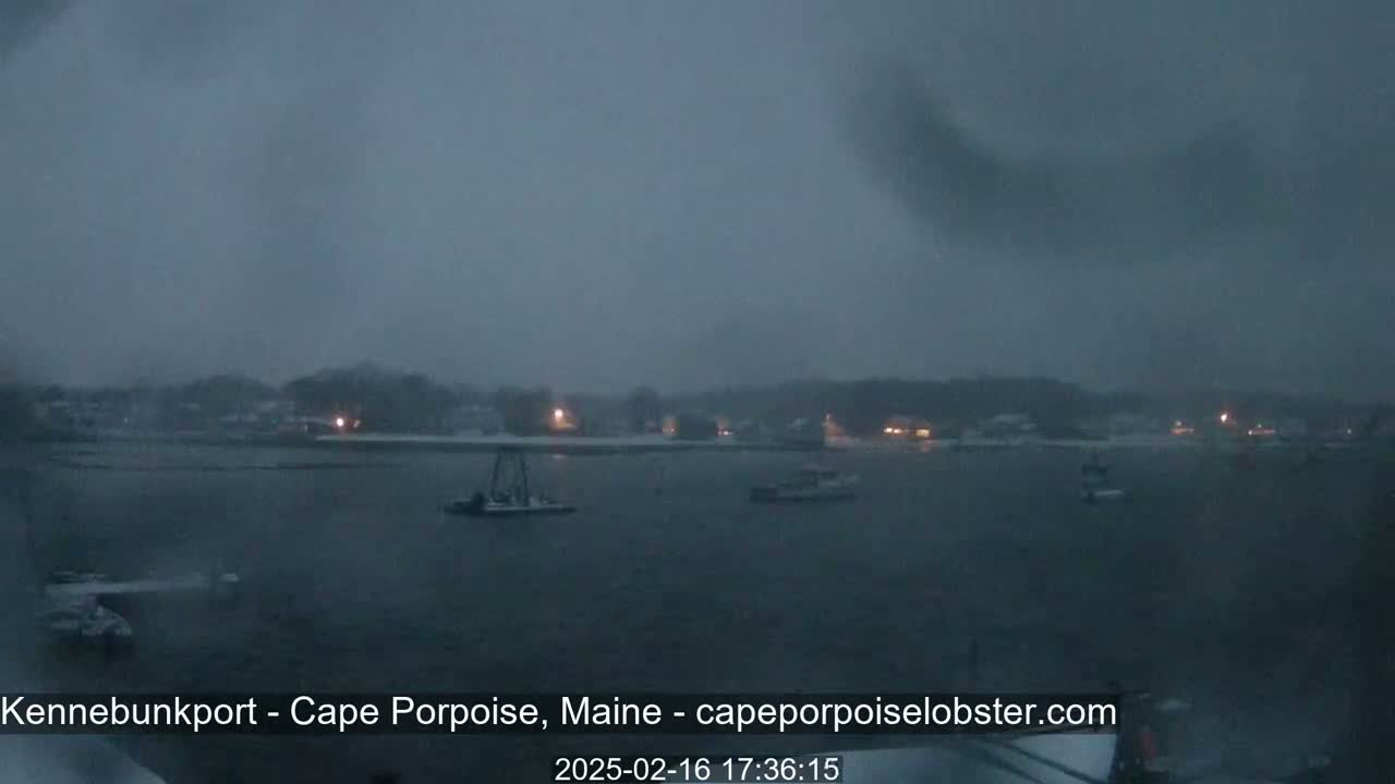 A snow-covered harbor town is seen under a dark, overcast sky, with several boats visible on the water.