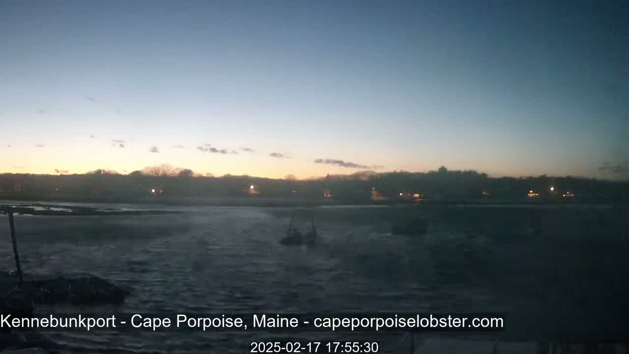 A dark, choppy body of water is visible at dusk, with a distant shoreline featuring sparse lights and silhouetted trees.