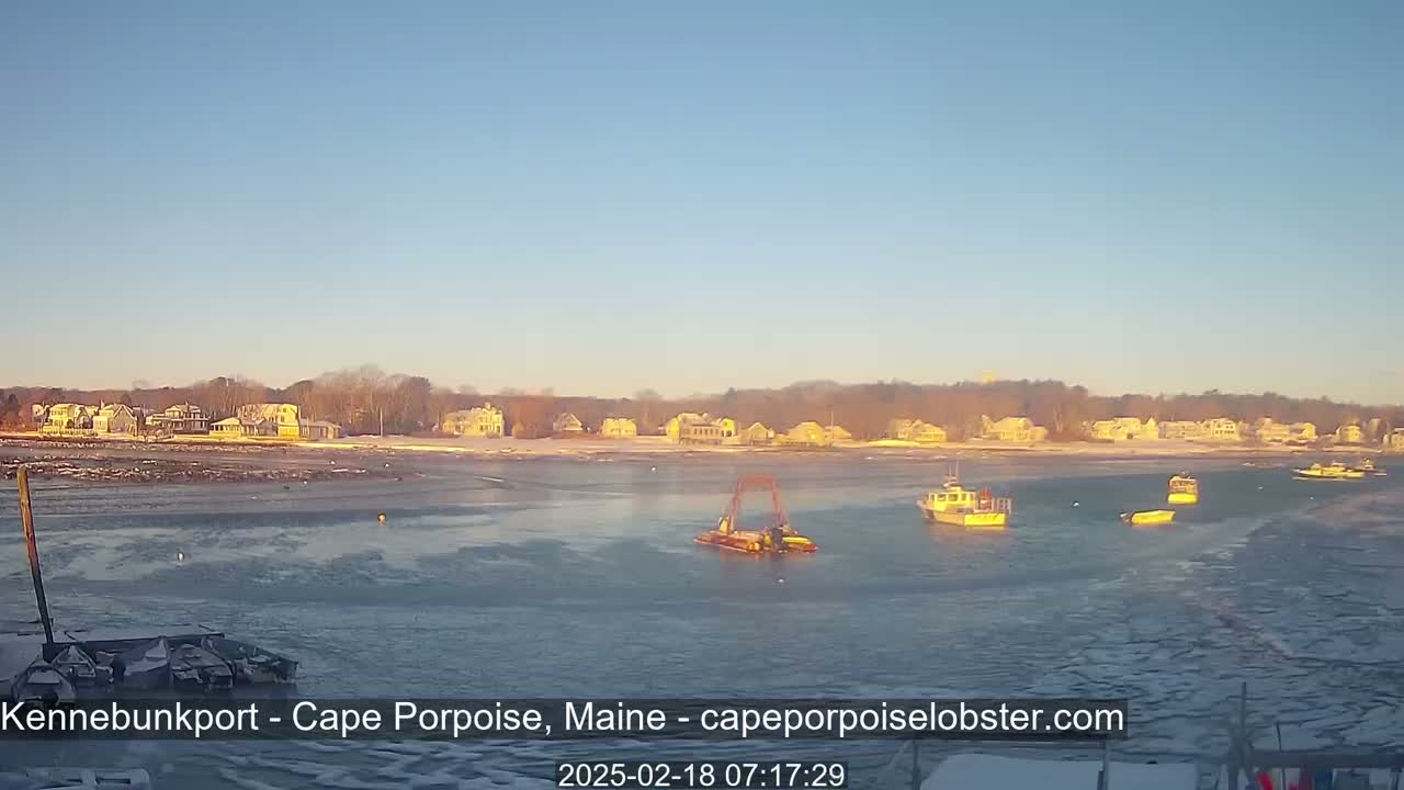 A partly frozen body of water with several small boats and a larger piece of equipment, sits in front of a shoreline of houses under a clear, bright sky.