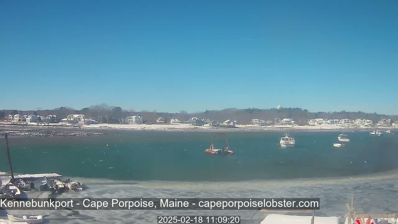 A partly frozen body of water with several boats and a shoreline of houses covered in snow under a clear blue sky.