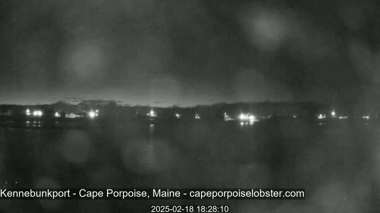 A nighttime, low-light view shows a dark body of water with a line of dimly lit buildings across the far shore.