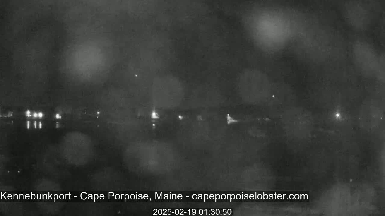 A nighttime, blurry, low-light view of a waterfront area with faint lights visible across the water under a dark, possibly overcast sky.