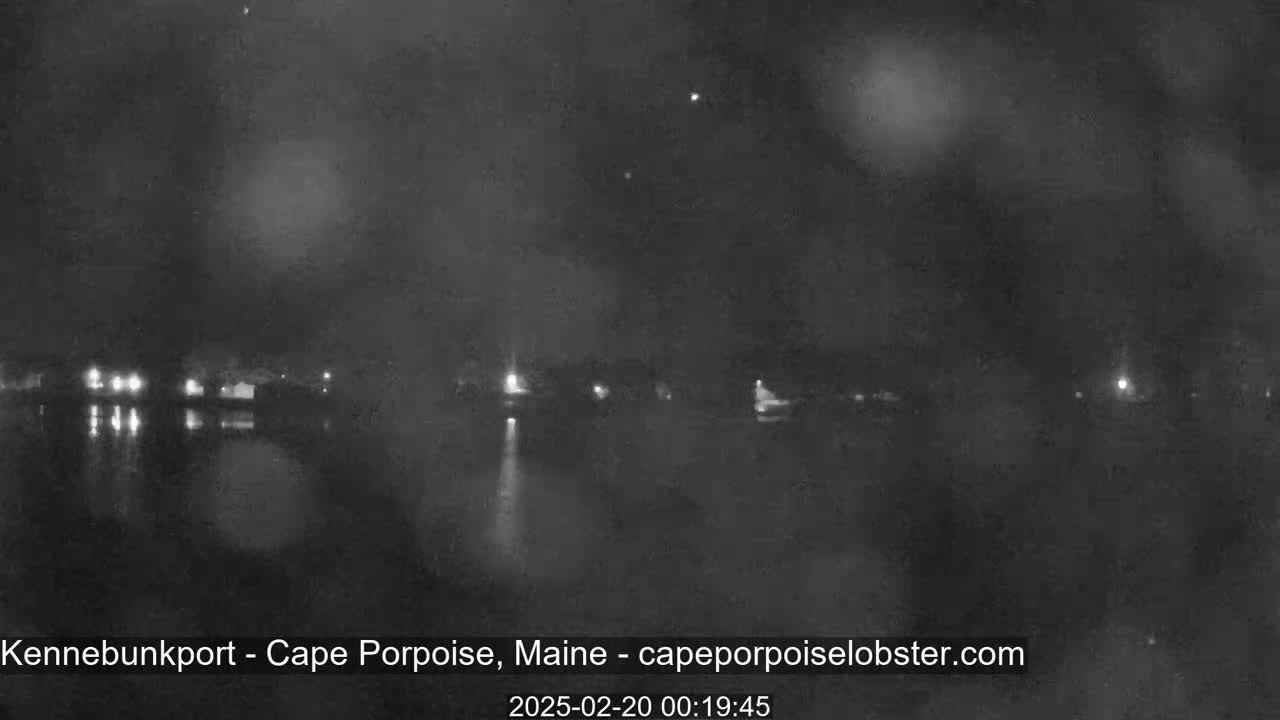 A nighttime, blurry view of a body of water with faint lights reflecting on its surface, and a dark shoreline beyond.