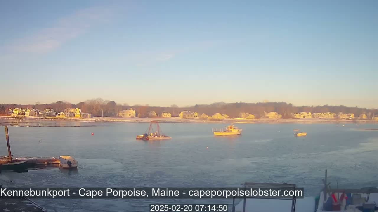 A calm body of partially ice-covered water with several boats and a shoreline of houses covered in snow under a clear, light-blue sky.