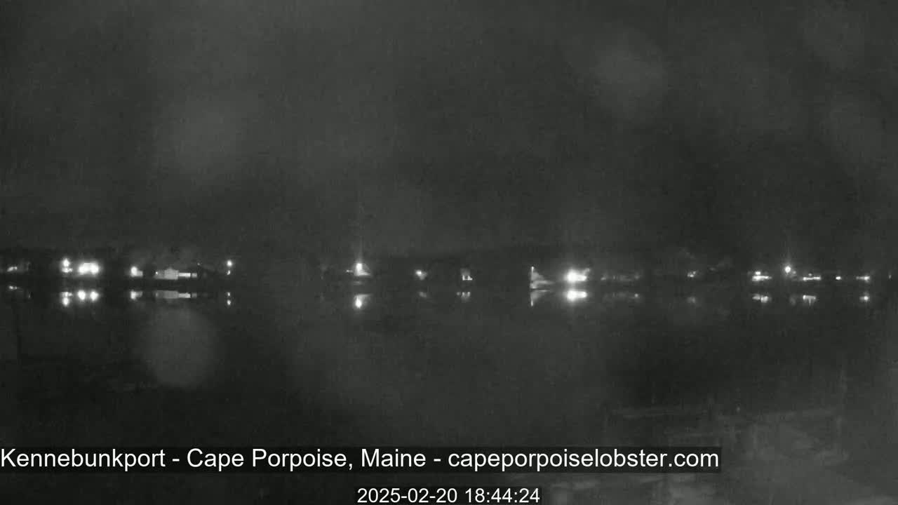 A nighttime, low-light image shows the reflection of faint lights from buildings across a dark body of water.