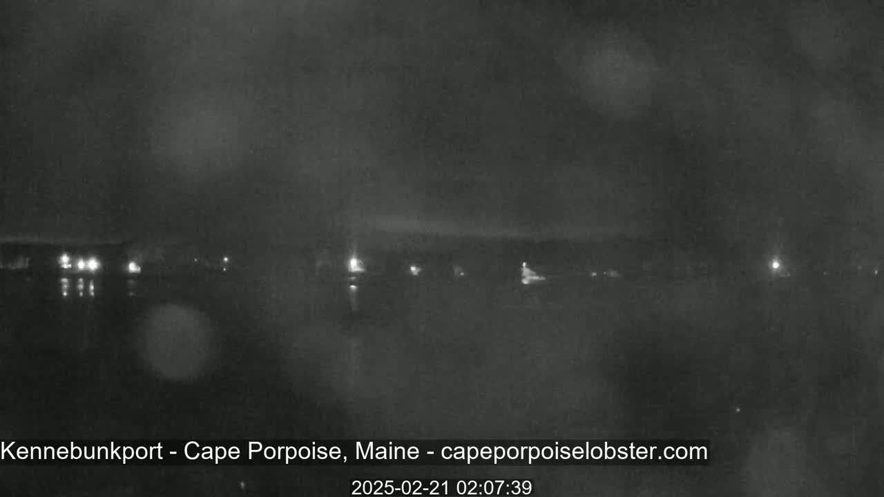 A nighttime, blurry view of a dark body of water with faintly lit buildings and structures across it under a hazy sky.