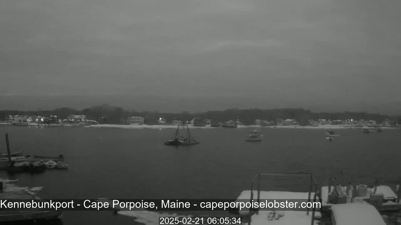 A gray, overcast day shows a calm body of water with several small boats and a snow-covered shoreline with houses in the background.