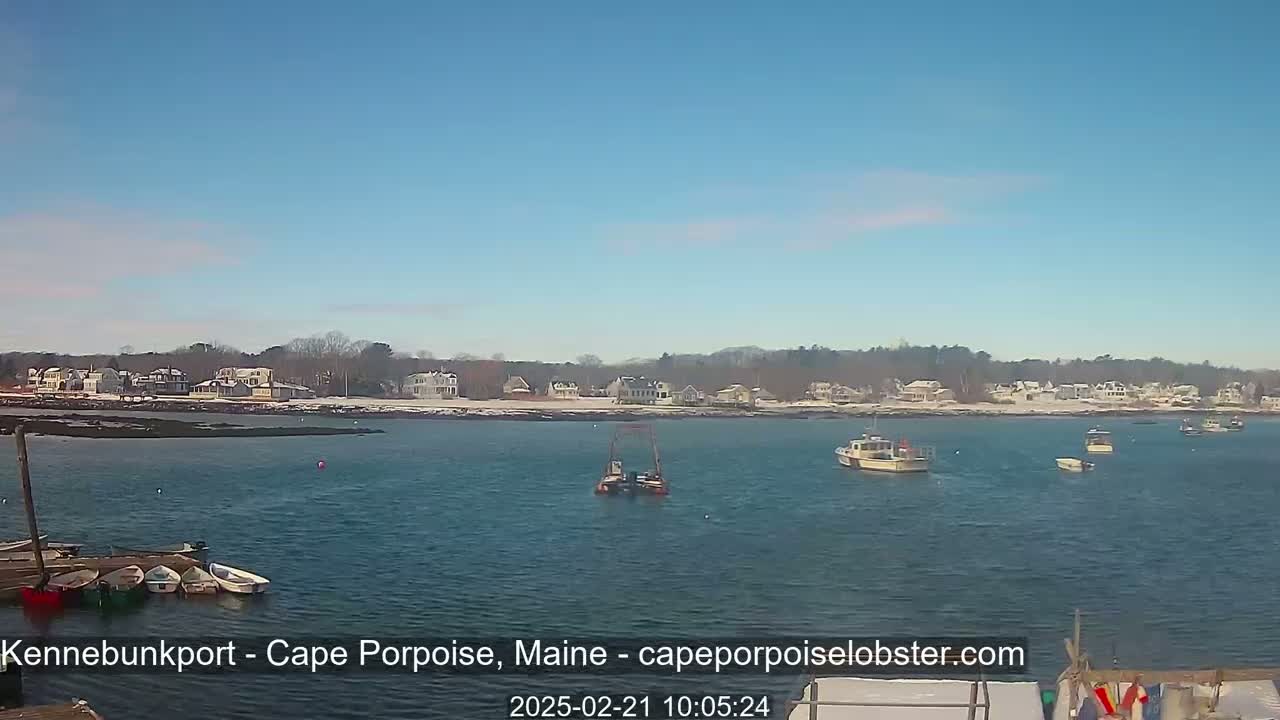 Several boats are in a calm body of water in front of a shoreline with houses and some snow under a clear blue sky.