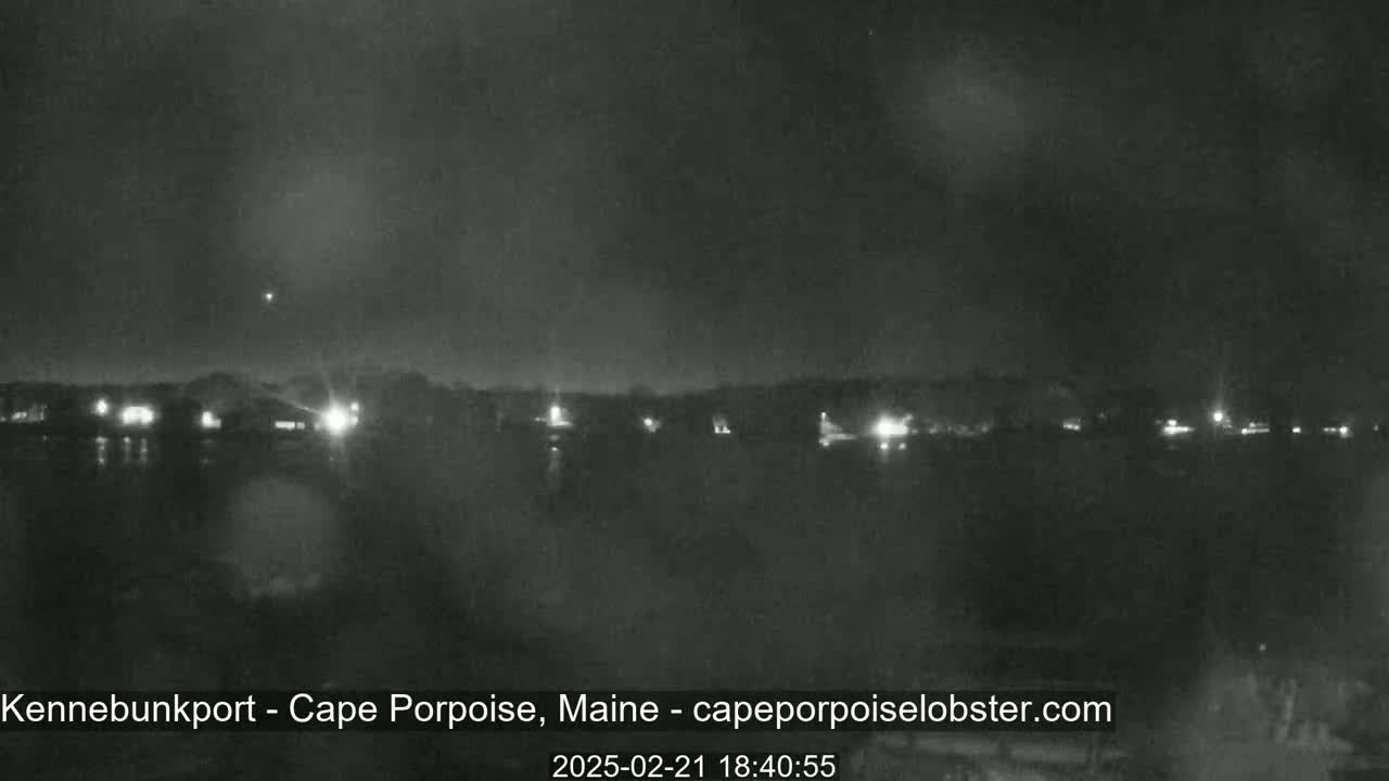 A nighttime, low-light view of a dark body of water with a line of dimly lit buildings on the far shore under a mostly clear sky.
