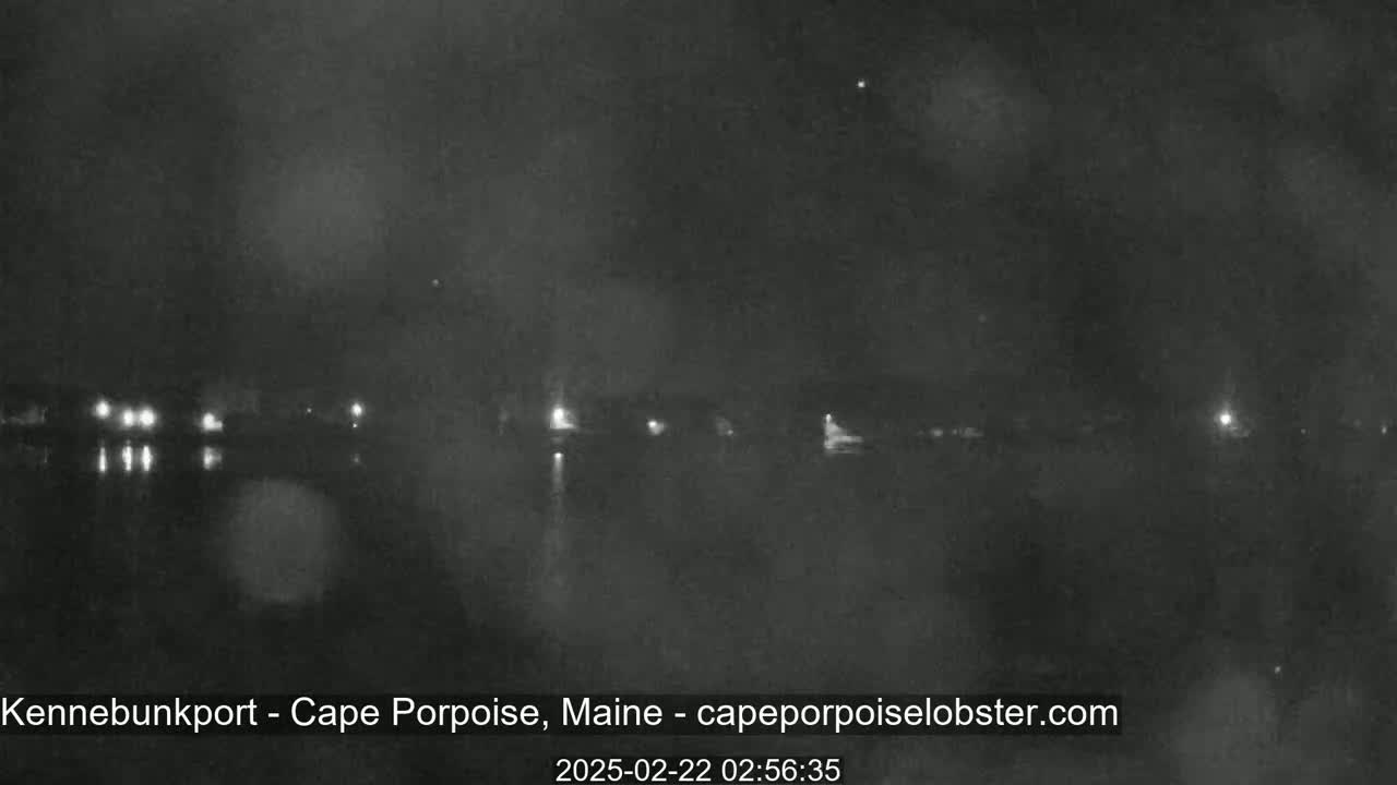 A nighttime, low-light view of a dark body of water with faint lights reflecting on the surface and a shoreline visible in the distance.