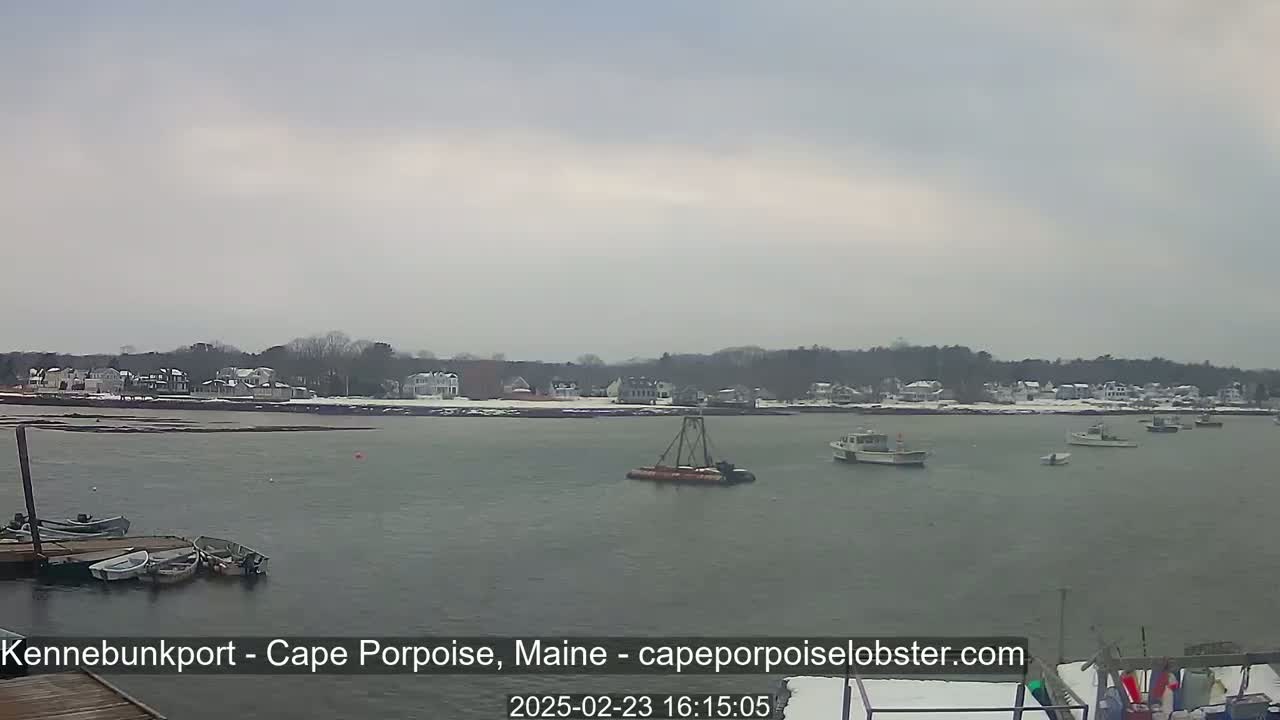 A calm body of water with several small boats and a snow-covered shoreline under an overcast sky.