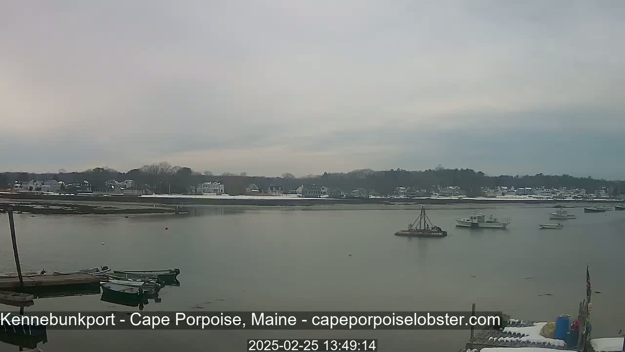A calm body of water with several boats, a shoreline with houses, and a cloudy sky.