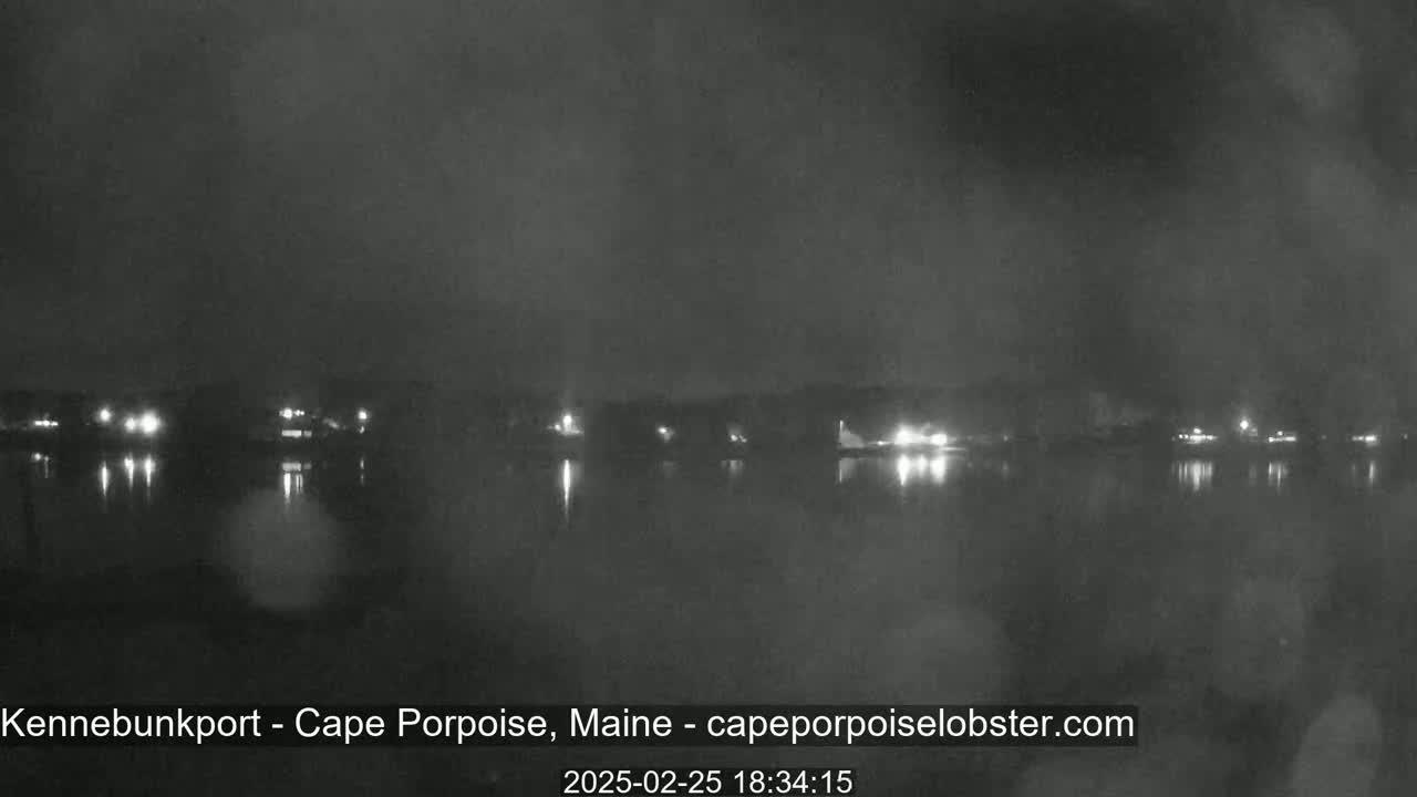 A nighttime view of a calm body of water reflecting the lights of a distant shoreline under a dark, overcast sky.