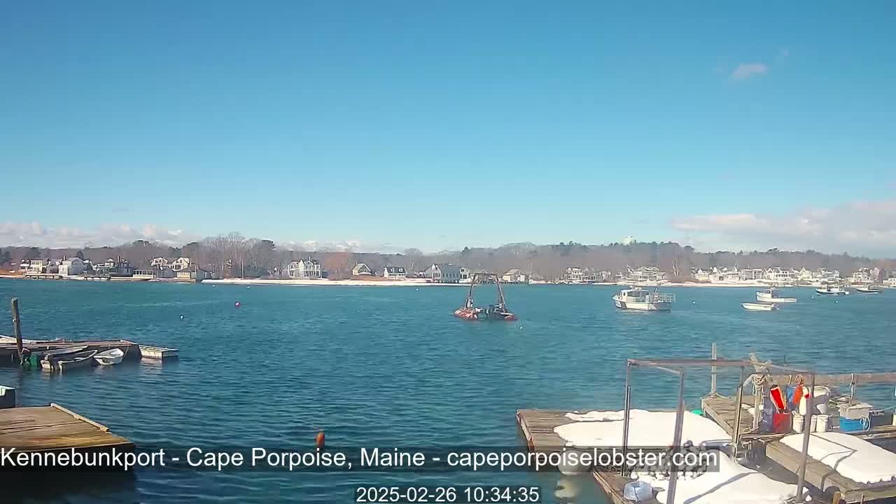 A calm body of water with several boats and docks, under a clear blue sky, shows a shoreline with houses and trees in the background, some snow is visible on the ground and docks.
