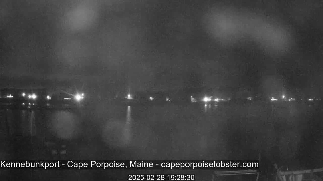 A nighttime, low-light view of a dark body of water with a faint shoreline of lights in the distance under a cloudy sky.