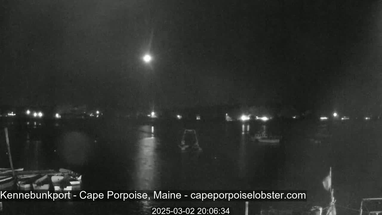 A nighttime view of a calm body of water with boats and a town's lights visible in the distance under a bright moon.