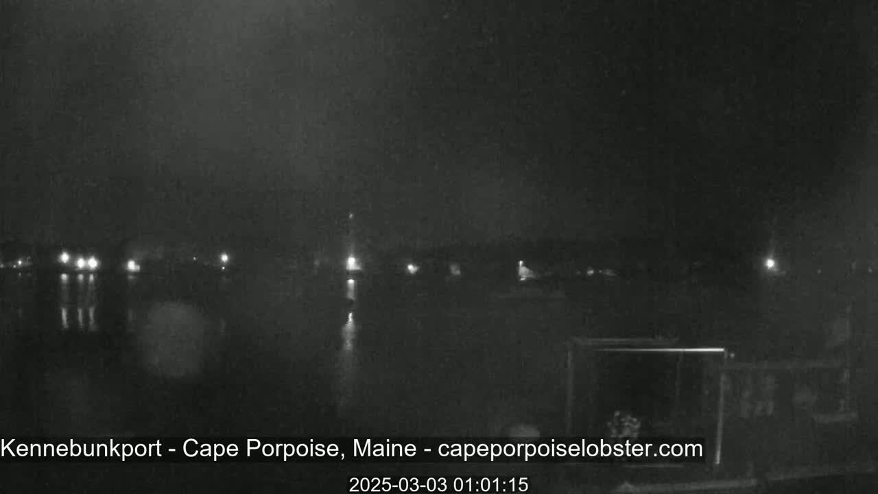 A nighttime view of a dark body of water with faint lights across the far shore under a cloudy sky.