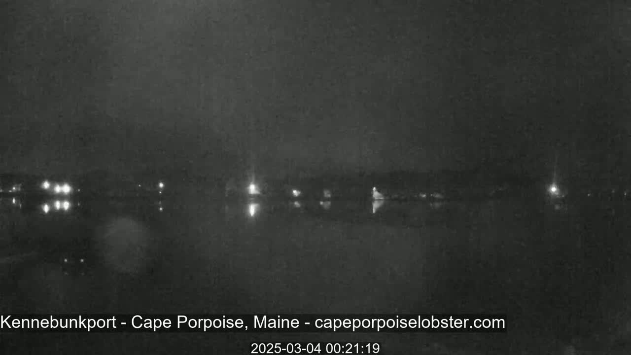 A nighttime, low-light view of a calm body of water reflecting scattered lights from the opposite shore.