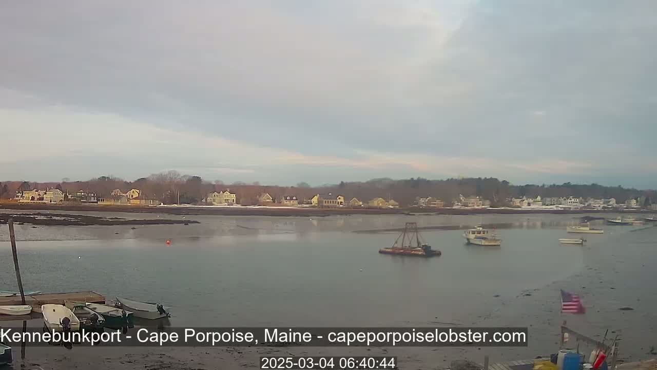 A calm body of water with several small boats and a waterfront town in the background under an overcast sky.