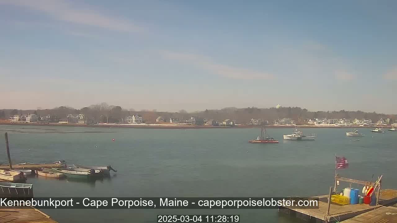 A calm body of water with several boats moored at a dock in the foreground and a few more boats and a shoreline of houses visible in the distance under a clear, bright sky.