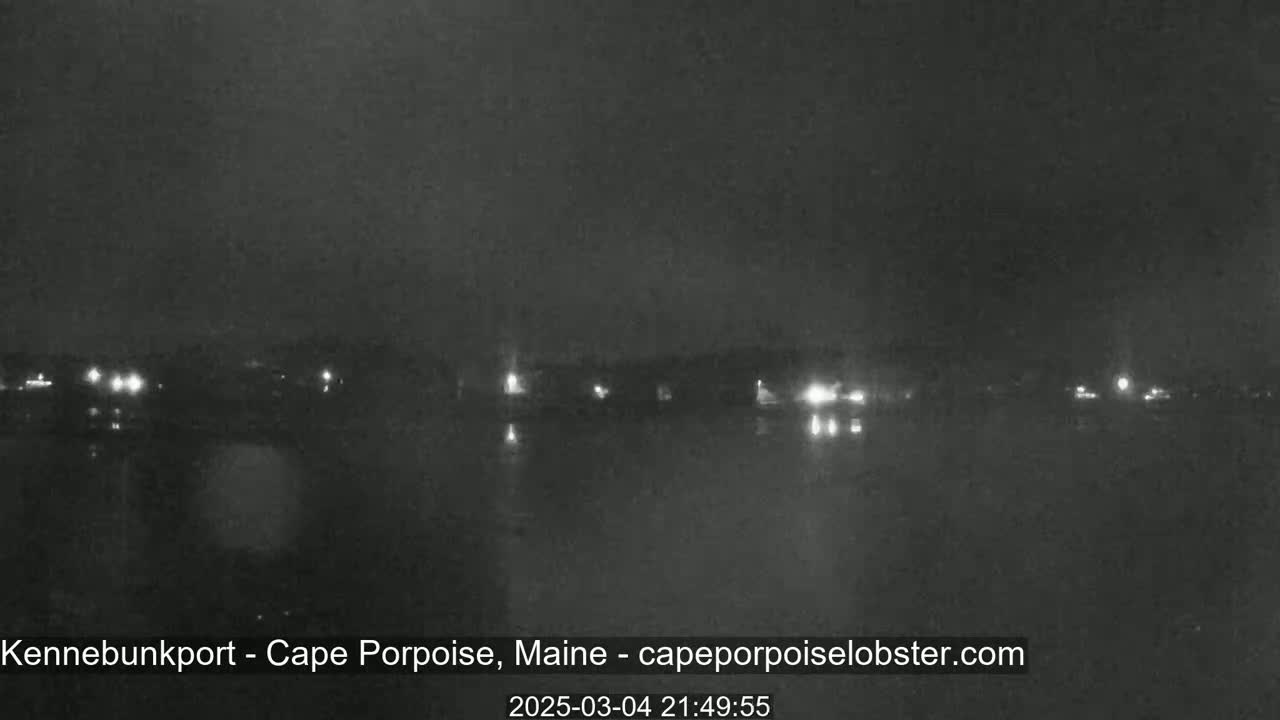 A nighttime, low-light view shows a dark body of water reflecting a few distant lights from a shoreline.