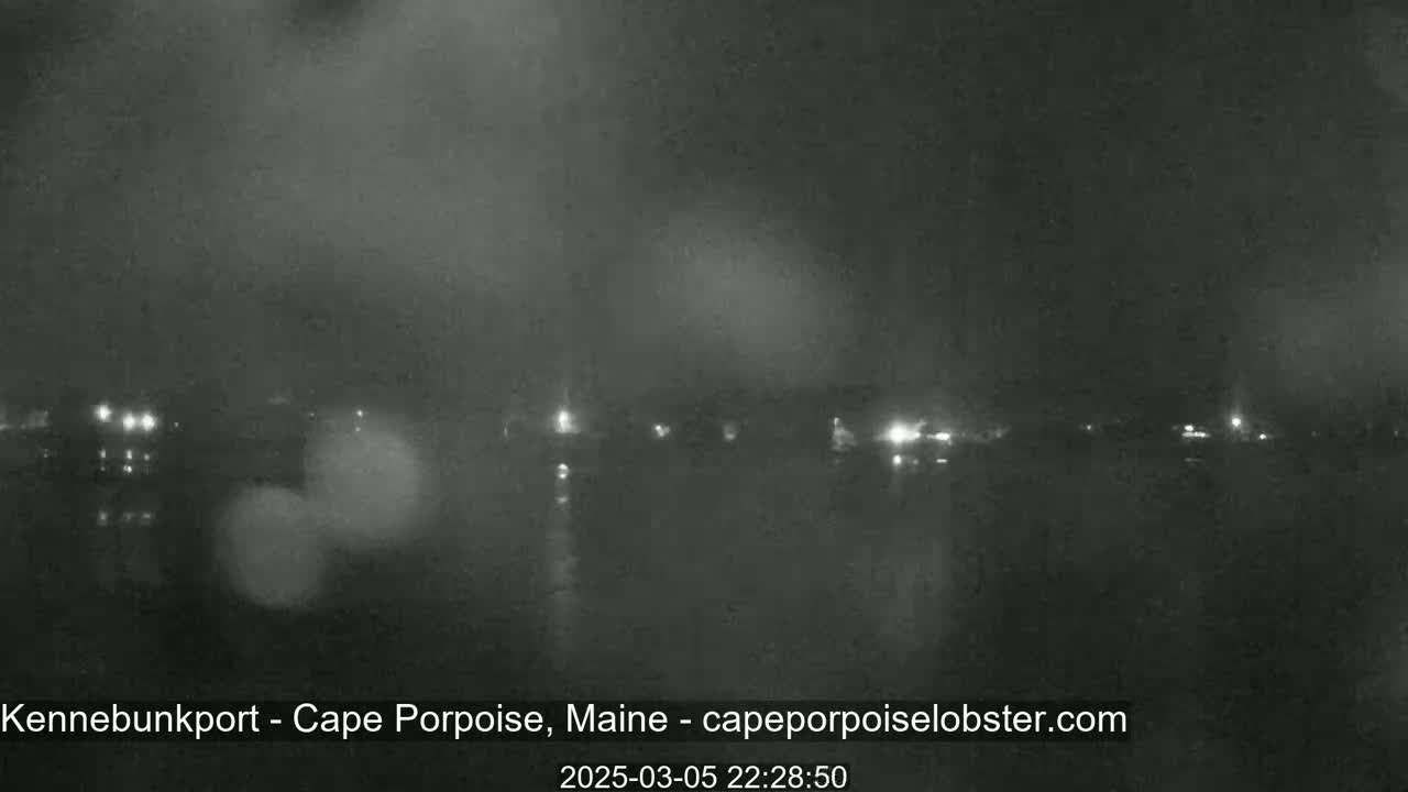 A nighttime, foggy view of a calm body of water with lights faintly visible in the distance along the shoreline.