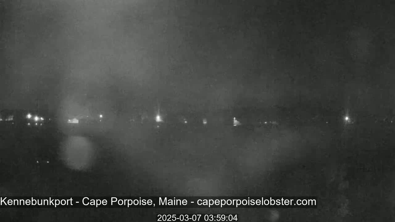 A nighttime, foggy view of a dimly lit landscape with a few scattered lights.