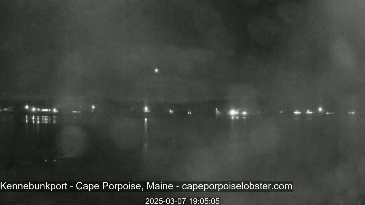A nighttime, hazy view of a calm body of water reflecting faint lights from buildings across the shore.