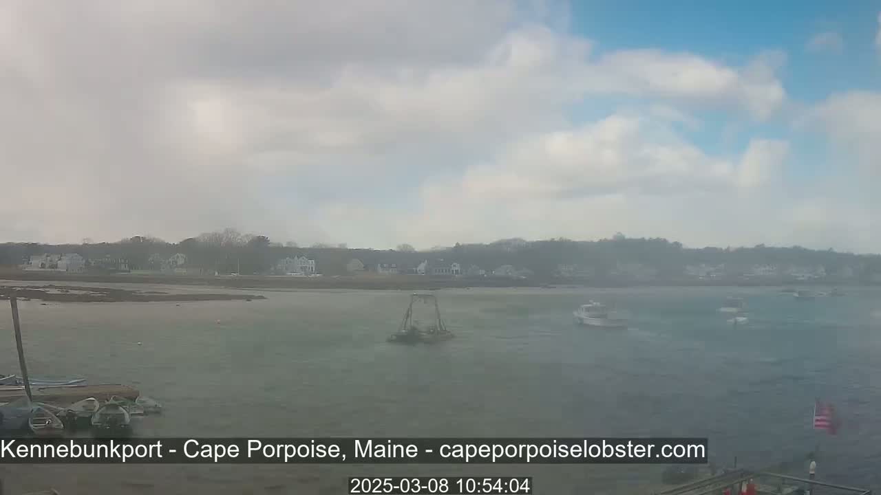 A hazy, overcast day reveals a calm body of water with several small boats, a shoreline with houses, and a lobster trap in the foreground.