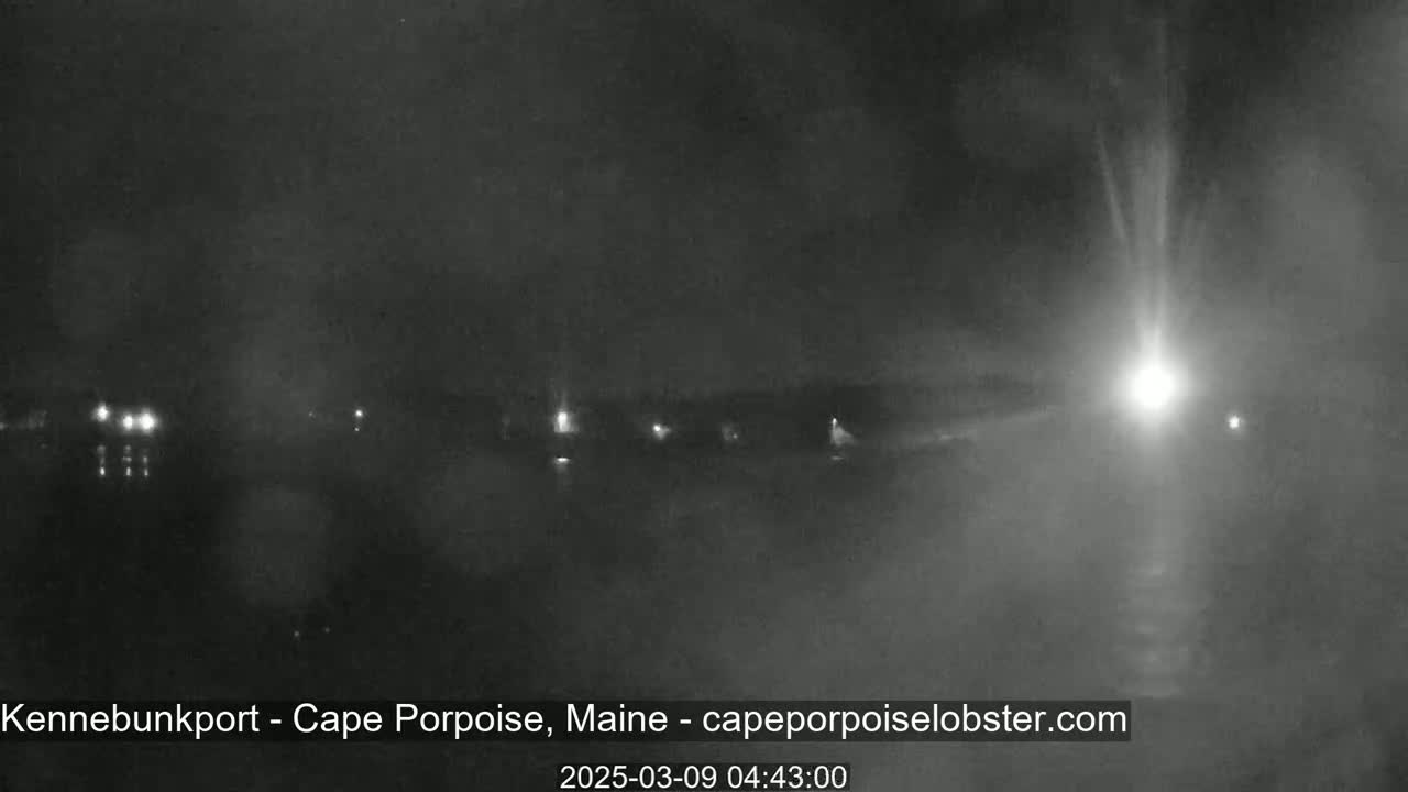A nighttime, hazy, long shot of a coastal area with some distant lights visible.