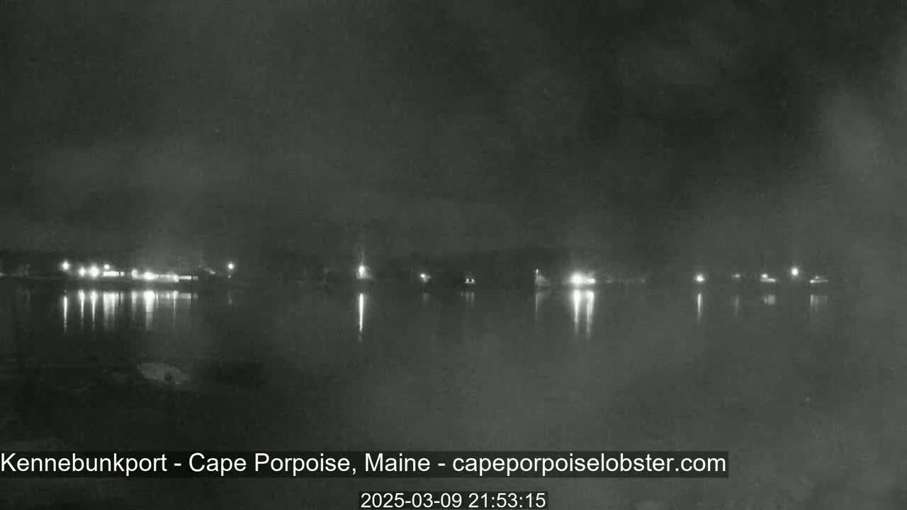 A nighttime view of a calm body of water reflecting the lights of a distant shoreline under a hazy sky.