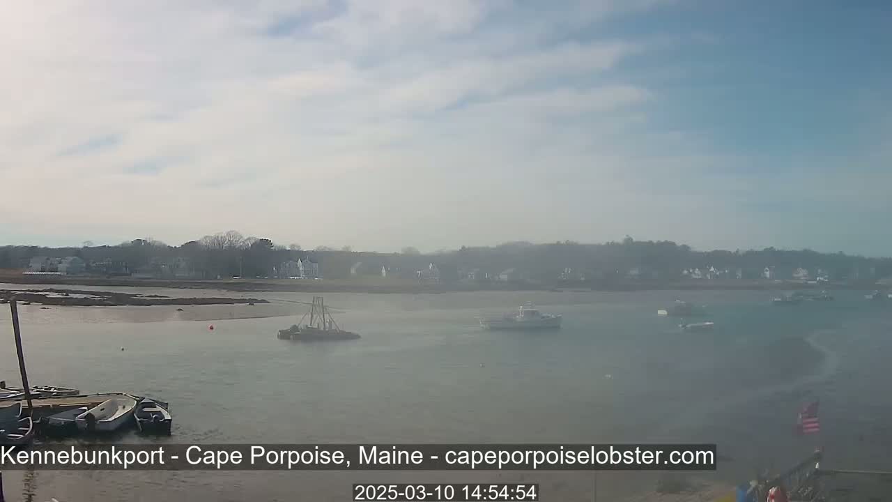 A hazy, partly sunny day shows several boats in a calm bay, with a shoreline of buildings and trees in the distance.