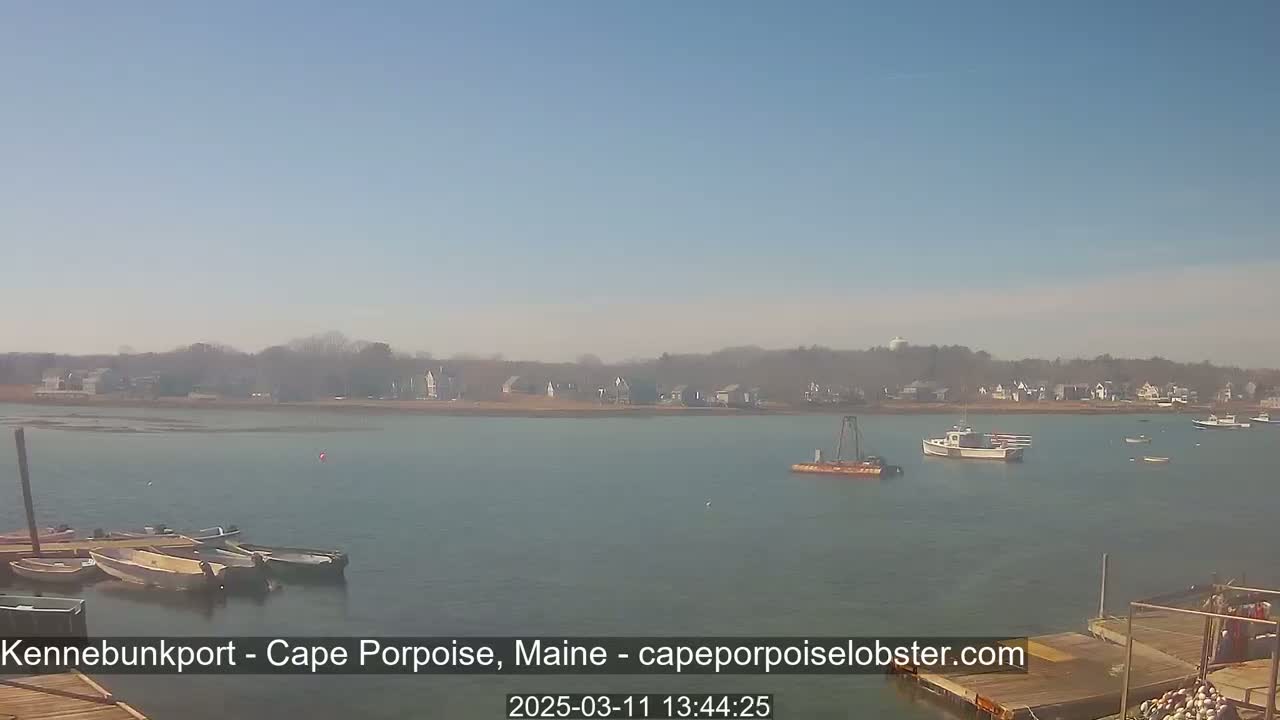 A calm body of water shows several small boats moored near a dock, with a small town and shoreline visible in the background under a clear, sunny sky.