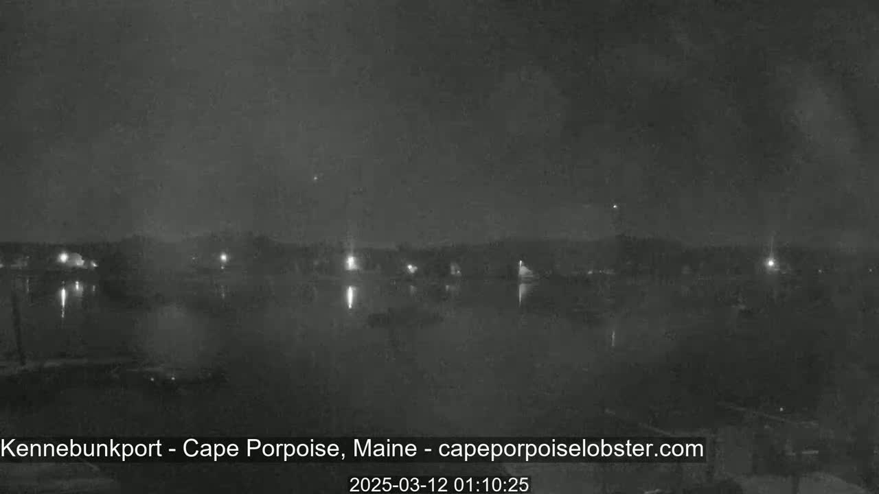 A nighttime, low-light view of a calm body of water reflecting a dark shoreline with sparsely lit buildings.