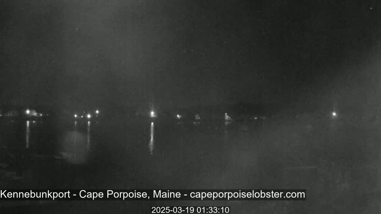 A nighttime, low-light view of a calm body of water reflecting scattered lights from a distant shoreline.