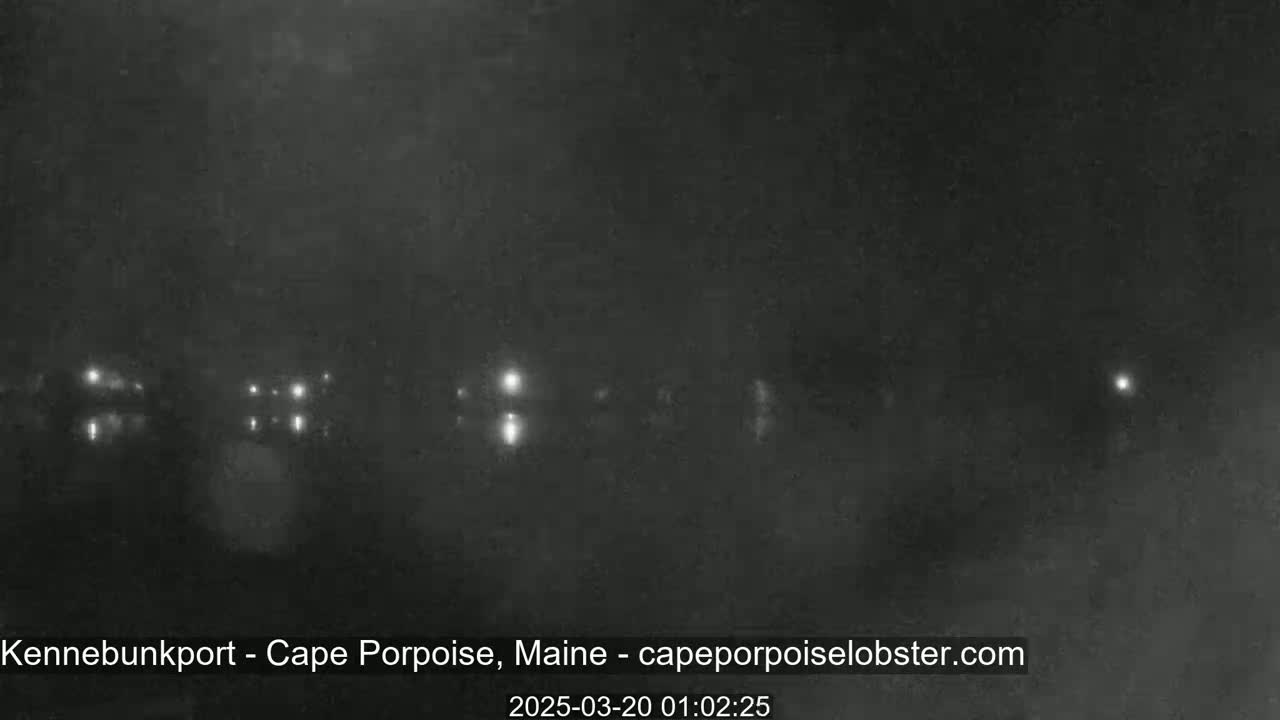 A nighttime, foggy scene shows a few faint lights in the distance.