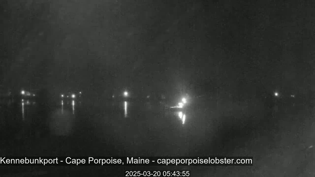 A dark, nighttime scene shows a body of water reflecting dim lights from a distant shoreline under a hazy sky.