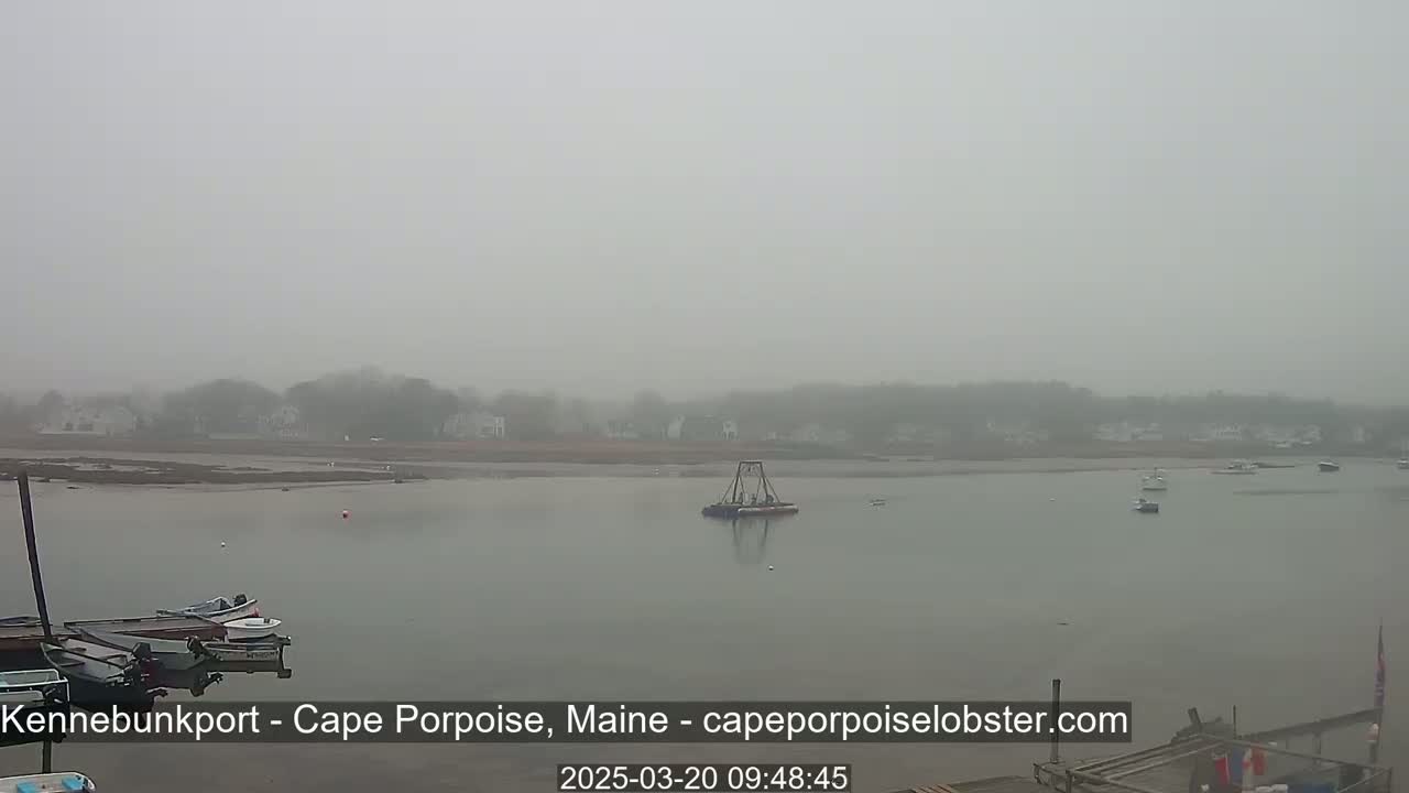 A foggy view of a calm body of water with several small boats, a structure in the water, and a distant shoreline with buildings.