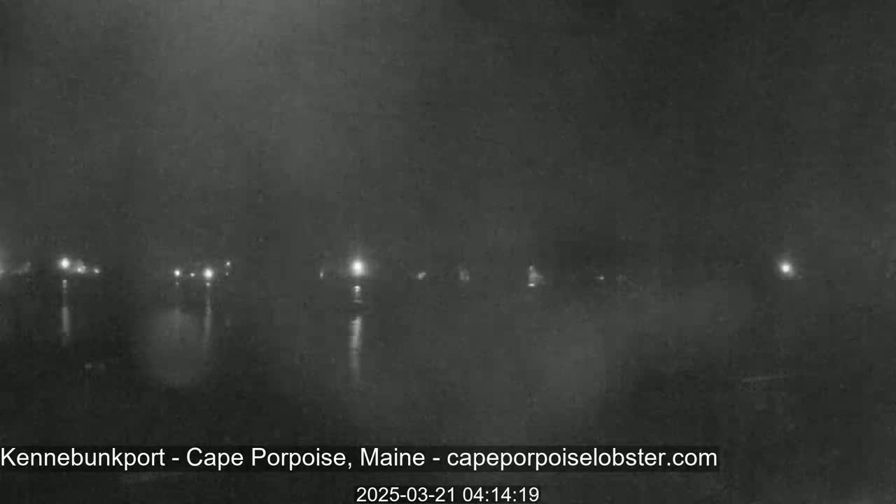 A nighttime, hazy view of a body of water with faint lights visible along the shoreline.