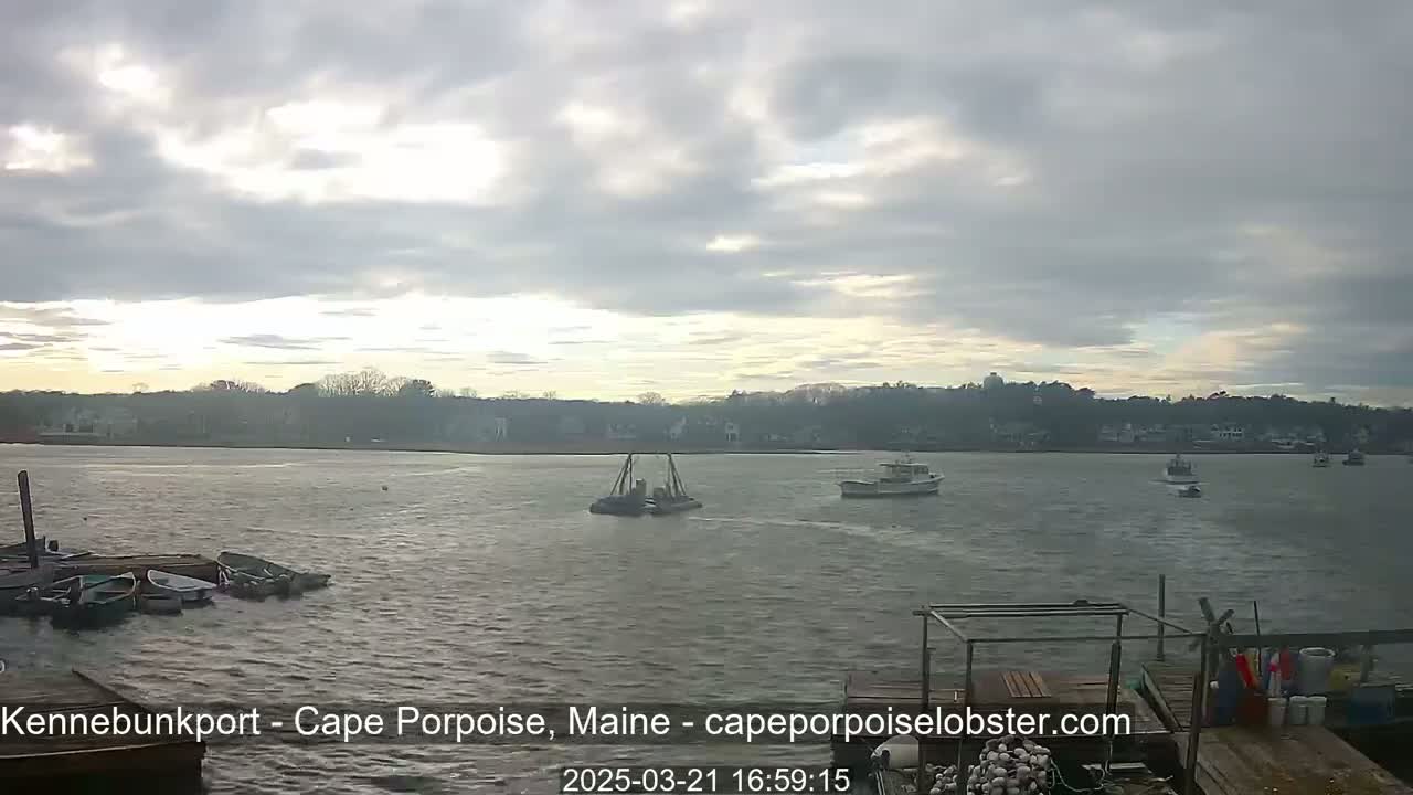 A calm body of water shows several small boats and a larger vessel, with a cloudy sky overhead and a tree-lined shore in the distance.