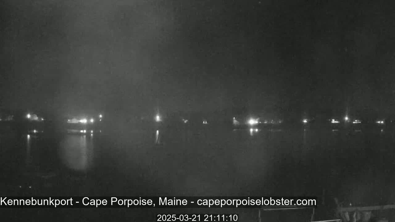 A nighttime view of a calm body of water reflecting the faint lights of a distant shoreline under a dark, overcast sky.