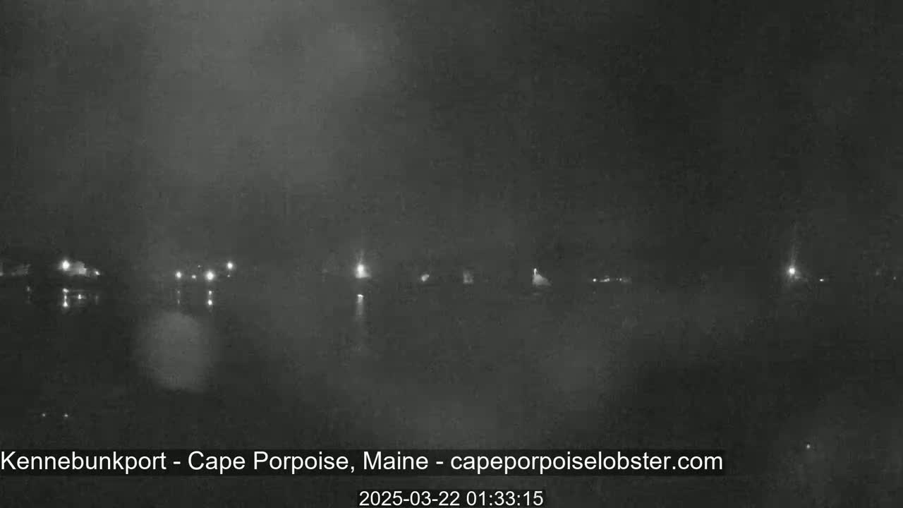 A nighttime, low-visibility view of a waterfront area with faintly visible lights across the water.