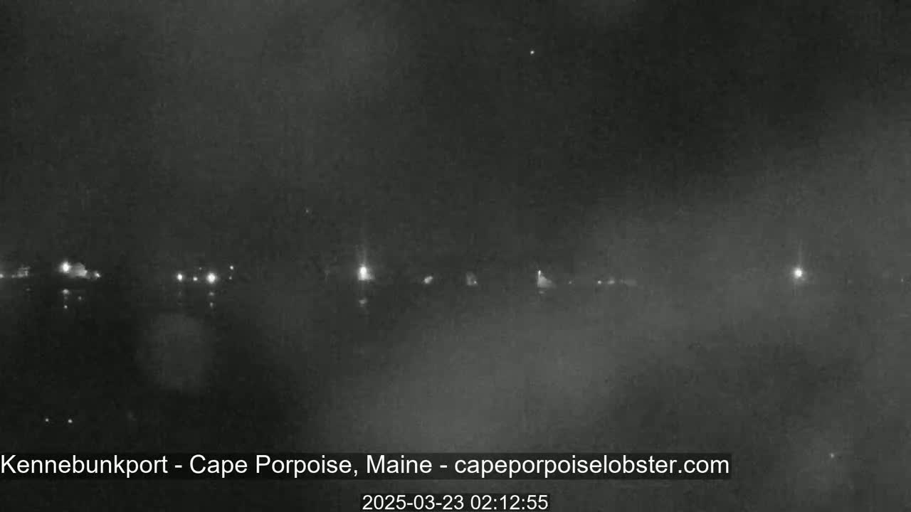 A nighttime, hazy view of a dimly lit waterfront.