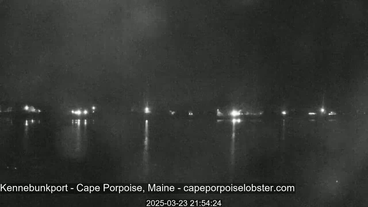 A nighttime, low-light view of a calm body of water reflecting the faint lights of buildings across the shore.