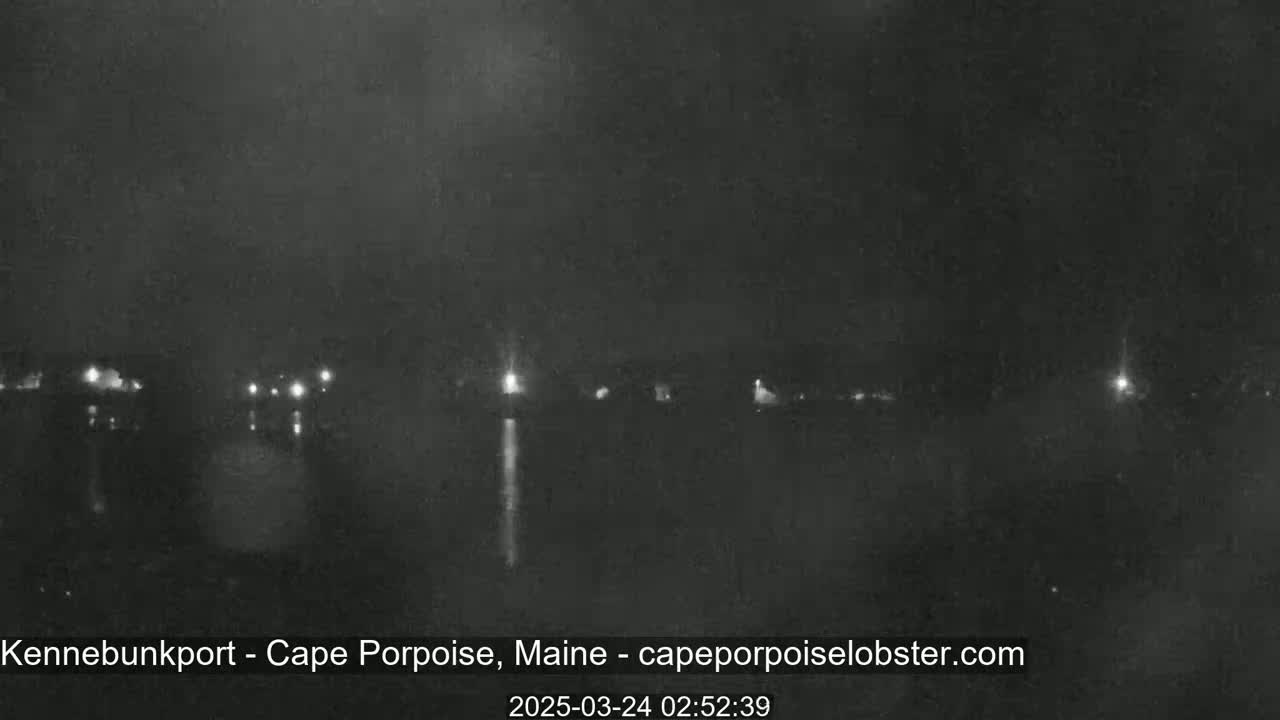 A nighttime, low-light view of a dark body of water with faint lights visible on the shoreline under an overcast sky.