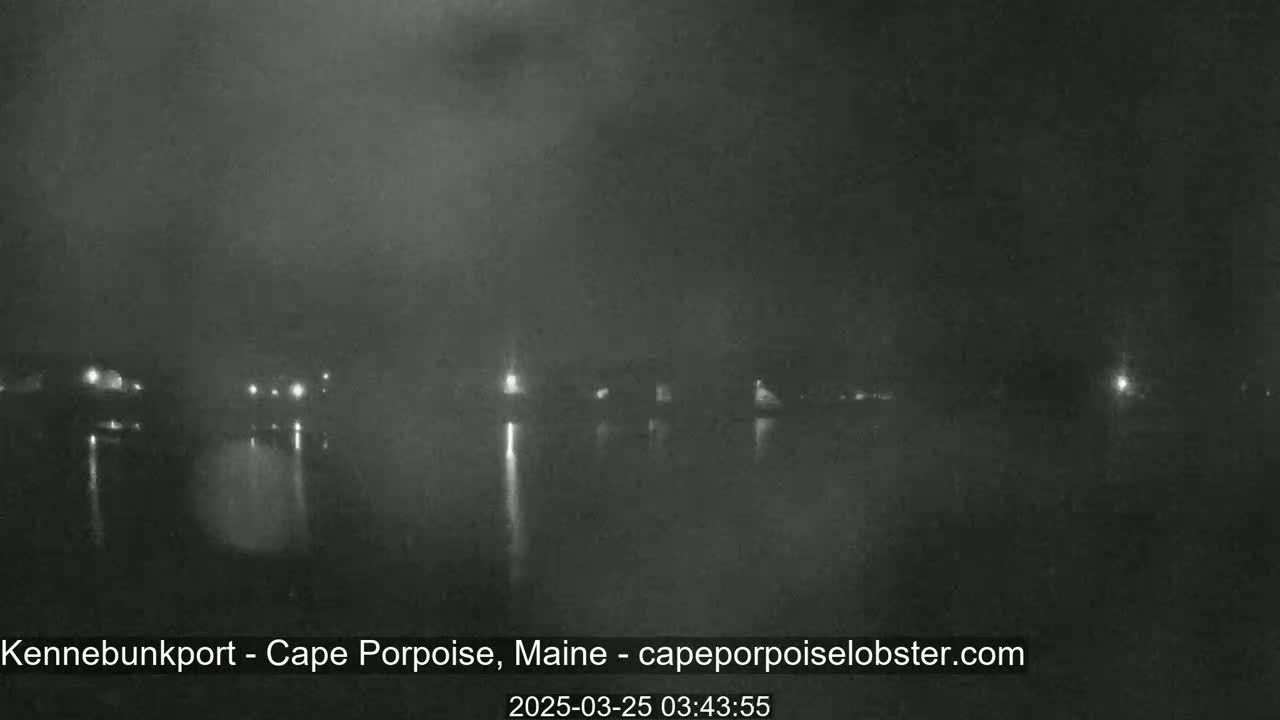A nighttime, foggy view of a dark body of water with faint lights reflecting on the surface from buildings or boats along the shore.
