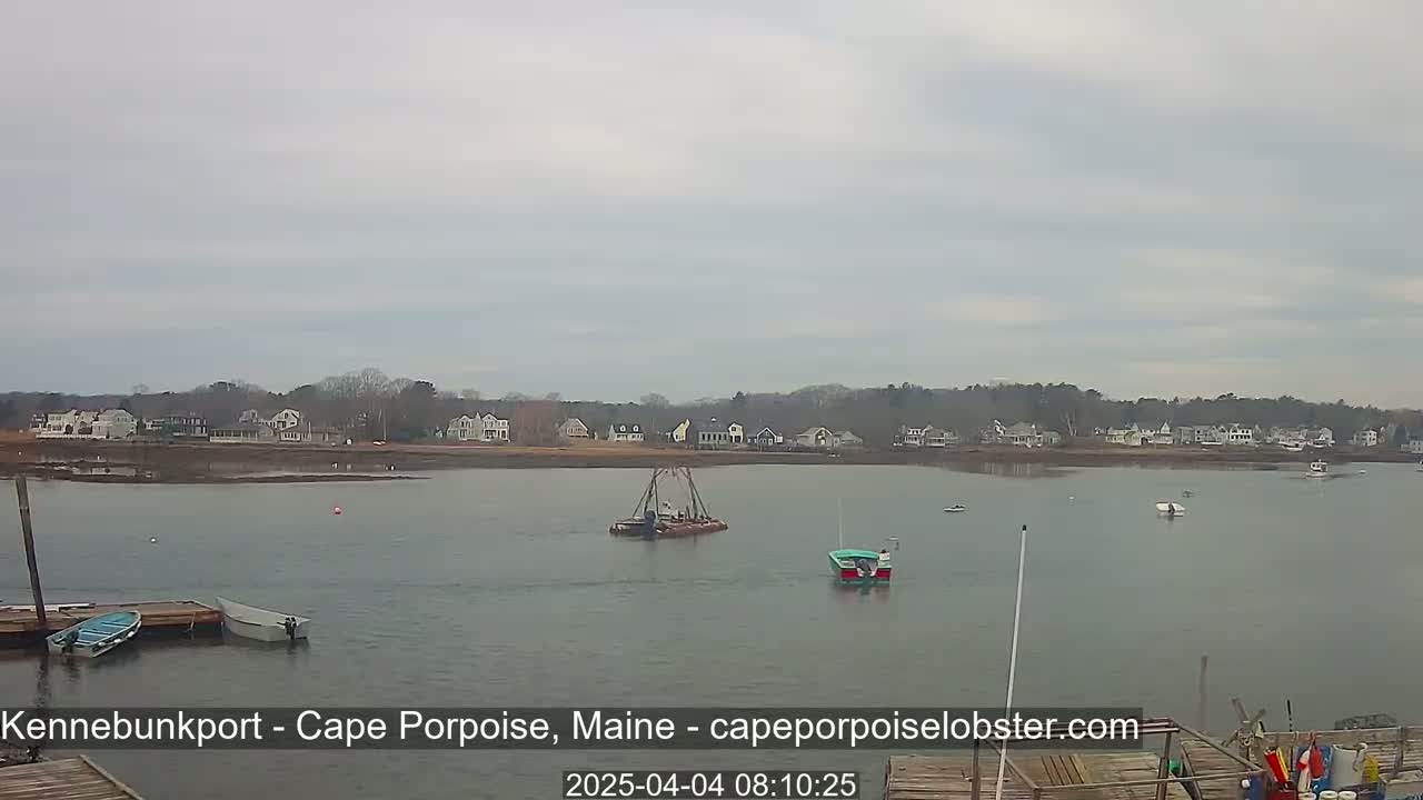 A calm body of water with several small boats and a dock in the foreground, and a line of houses on a distant shore under an overcast sky.